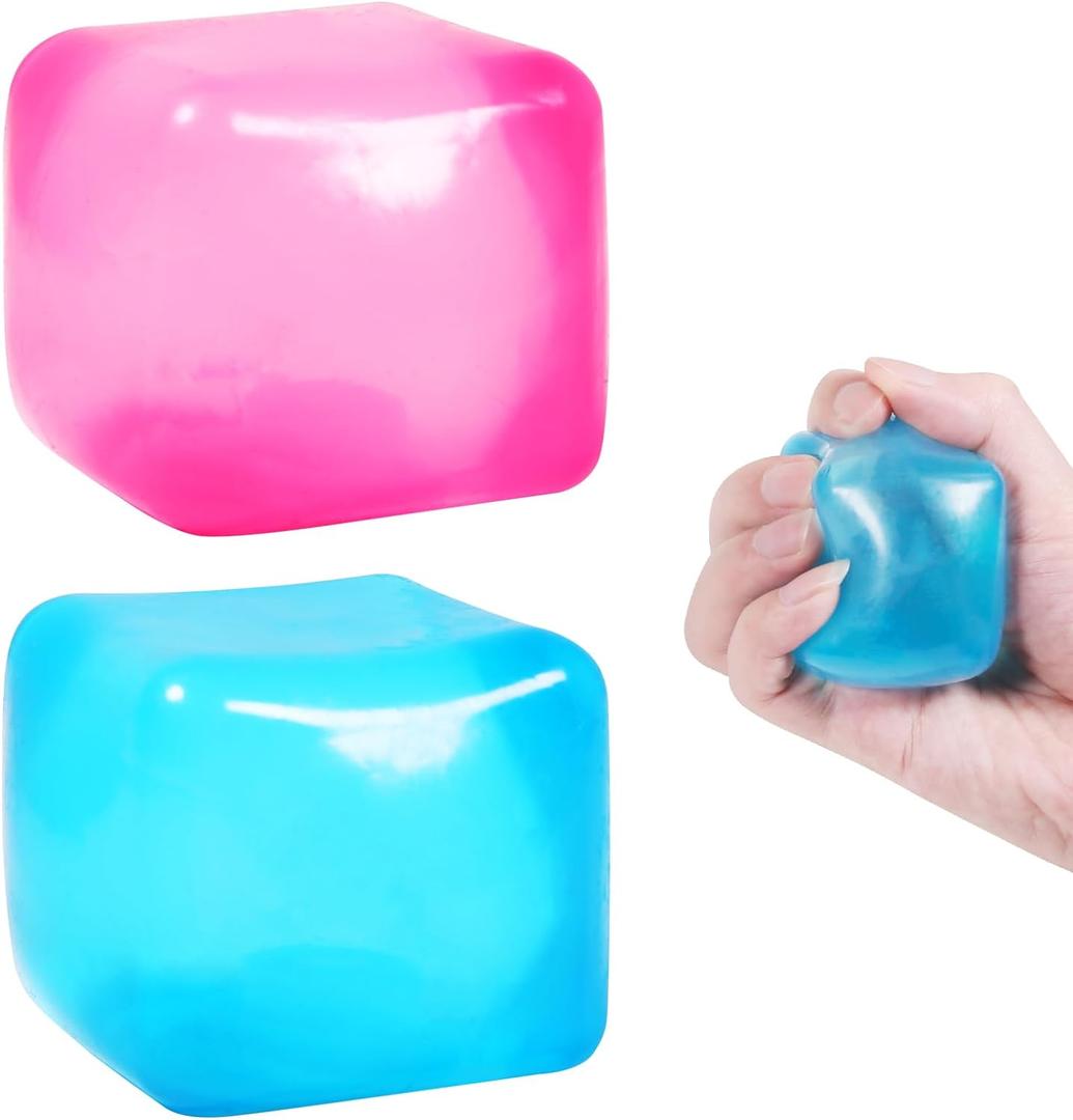 2pack Stress Cube Squishy Stress Balls for Adults Kids Fidget Toy for Your Best Mellow and Chill -Ice Cubes-Square Shape with Filling in Pink Blue (2pcs Cube )