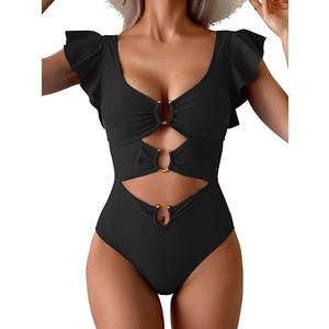 B2prity Women's One Piece Swimsuit Ruffle Sleeve Cut Out Bathing Suit Tie Back High Waisted Swim Suit, Black, L