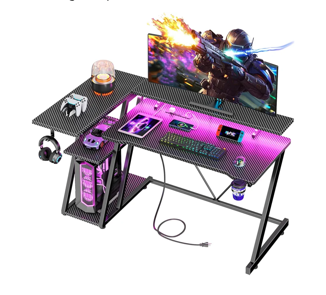 47 Inch Gaming Desk with Power Outlet & LED Lights, Corner Computer Desk with 3 Tiers Storage Shelves, Home Office Desk with Monitor Stand for Small Space, Carbon Fiber Black