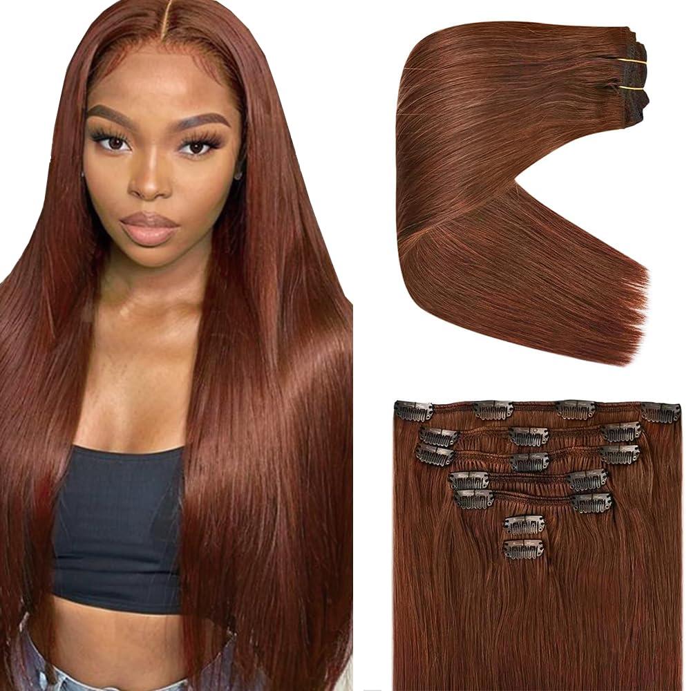 #33 Auburn Brown Clip in Hair Extensions Human Hair, Copper Red Straight Remy Hair Extensions Clip ins for Women, 14 Inch 120g 7Pcs,Reddish Brown Human Hair Extension