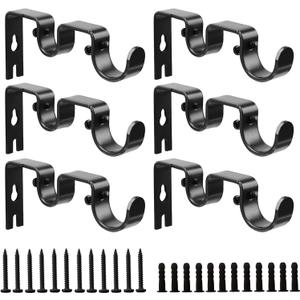 Double Curtain Rod Bracket,6 Pack Metal Curtain Rod Holders for Wall,Sturdy Curtain Rod Brackets for 1 Inch Curtain Rod,Black Wall Mounted Curtain Rod Hooks for Bedroom Living Room Patio