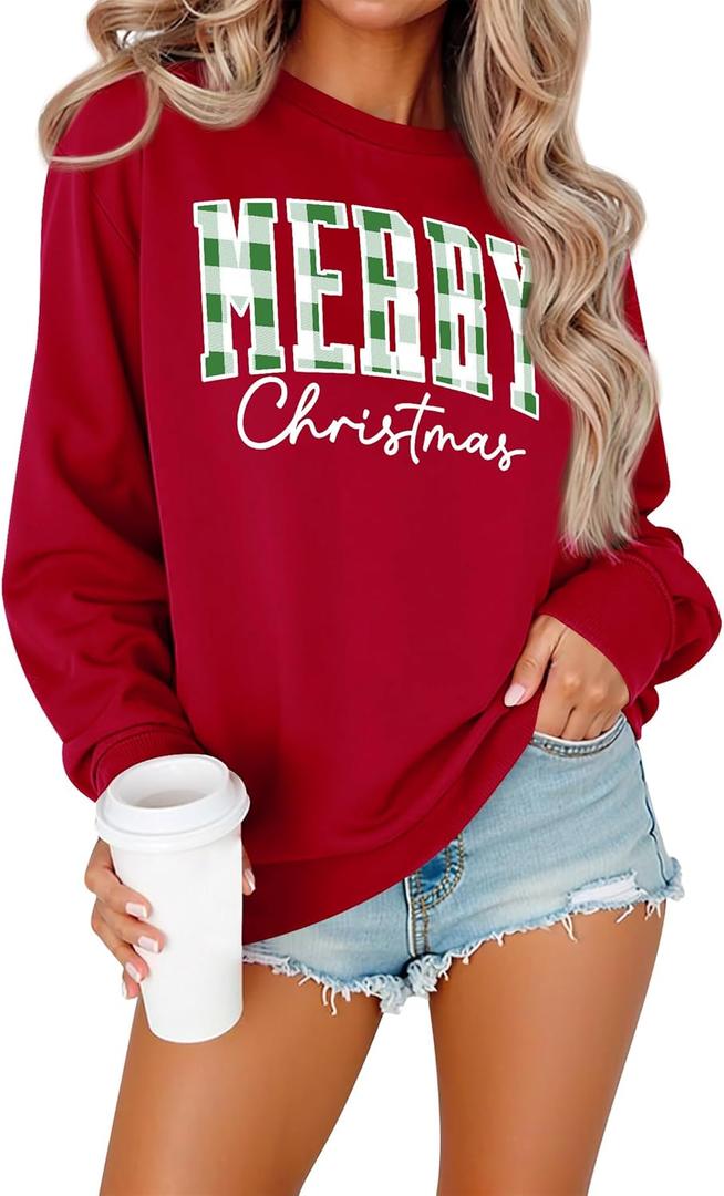 OUNAR Christmas Shirts For Women Merry Christmas Graphic Sweatshirt Christmas Crewneck Long Sleeve Xmas Holiday Pullover Tops (Red), XL