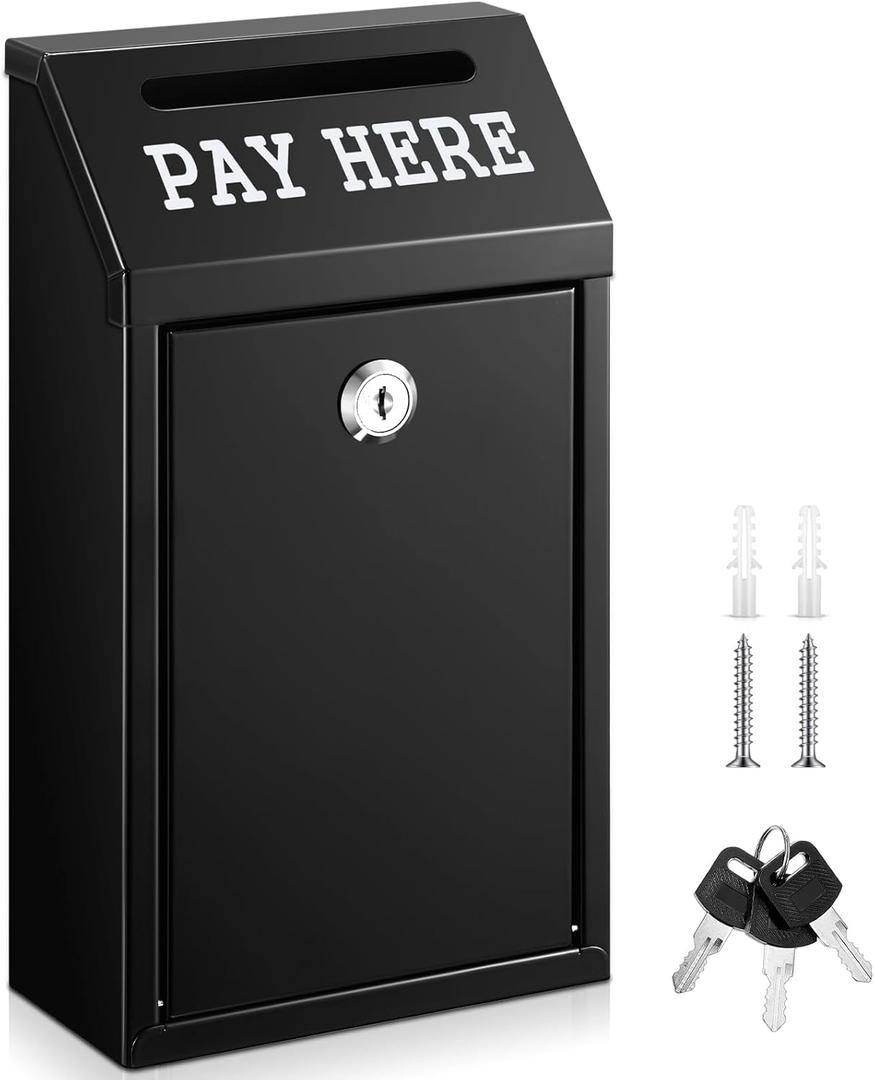 Yaocom Safe Cash Box Money Collection Metal Donation Box with Lock Wall Mount Pre Drilled Mailbox Delivery Ballot for Home Office Outdoor Self Serve Stand(Black,10.2 x 5.7 x 2.8 Inch)