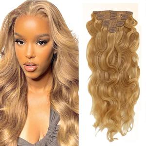 #27 Honey Blonde Clip in Hair Extensions Human Hair, #27 Blonde Long Wave Remy Hair Extensions Clip ins for Women, 16 Inch 120g 7Pcs, Color #27 Human Hair Extension