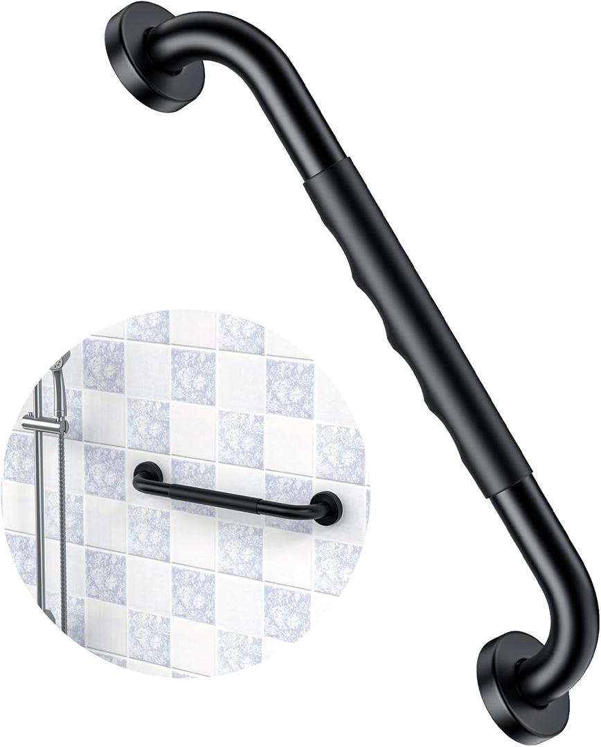 16 Inch Black Shower Grab Bar w/Anti Slip Rubber Grip, ZUEXT Stainless Steel Bath Grab Bar, Bathroom Balance Bar, Wall Mount Safety Handrail Support, Handicap Injury Elderly Senior Assist Handle