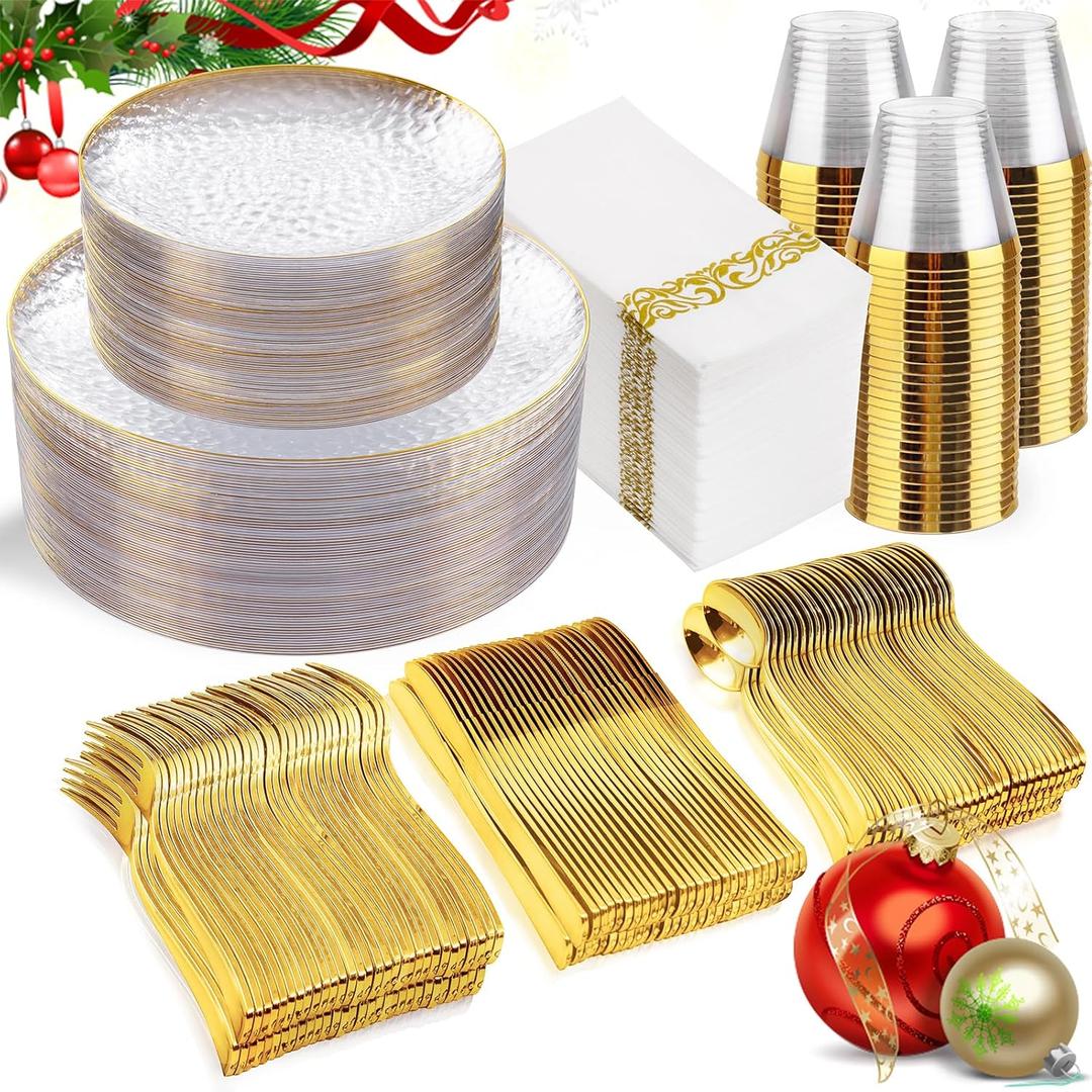 Rubtlamp 350 Pcs Clear Gold Plastic Plates, Hammered Disposable Dinnerware, Clear-Gold Plates Set Include 100 Plastic Platos, 150 Gold Disposable Silverware, 50 Cups And 50 Napkins for Christmas