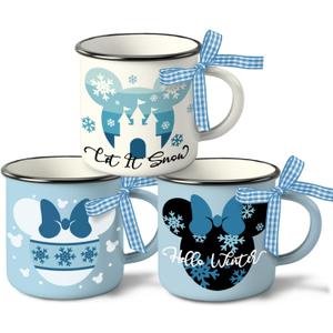 Hello Winter Mini Coffee Mug Set of 3, Blue Let It Snow Castle Snowflake 5 oz Mini Coffee Cups for Tiered Tray Decor, Christmas Kitchen Coffee Bar Decorations Housewarming Gift