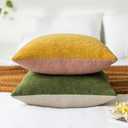 SINYASAN Mustard Fall Chenille Throw Pillow Covers 18x18 Inch Set of 2, Green Soft Velvety Pillow Covers Colorful Square Fuzzy Cushion Covers for Boho Farmhouse Living Room Bed Neutral Decor