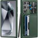 for Samsung Galaxy S24 Ultra Case with Card Holder (Store 4-5 Cards) & Kickstand & Slide Lens Cover, Military Grade Drop Protection, Rugged Silicone Wallet Case for Samsung S24 Ultra 2024, Green