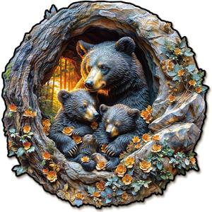 Wooden Puzzles for Adults,Parent-Child Black Bears Wooden Jigsaw Puzzles,Unique Shape Advanced Animal Jigsaw Puzzle for Adults and Kids,Challenge Wooden Jigsaw Puzzle (M-11.6 * 11.6in 262pcs)
