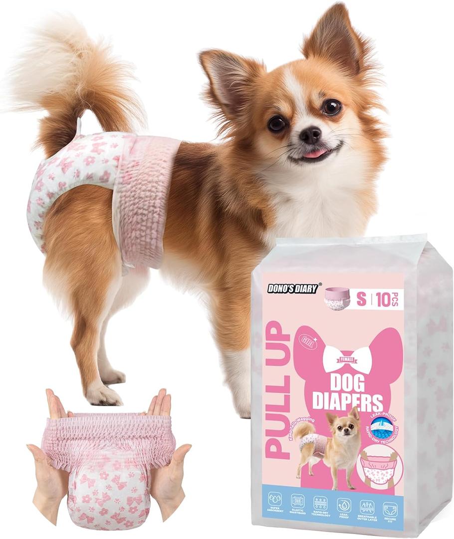 Dono Disposable Pull It Up Female Dog Diapers, 360 Stretchy Waist Puppy Diapers, Super-Absorbent Doggie Diapers with Rapid-Dry Technology Leak-Proof Design for Doggy in Heat Period, S 40 Pcs
