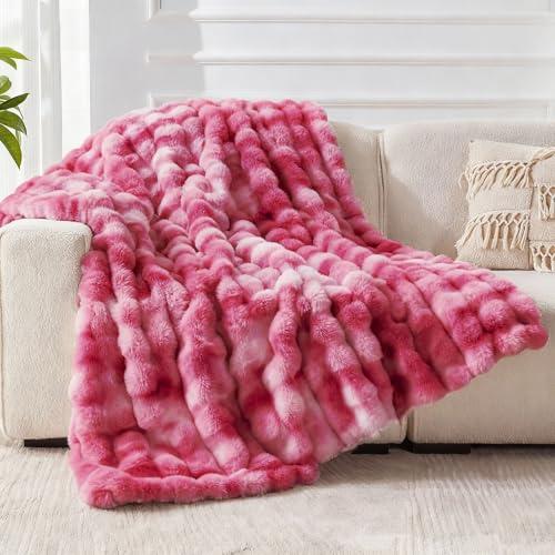 Faux Fur Throw Blanket for Couch, 1000 GSM Cozy Fuzzy Fluffy Soft Plush Thick Bubble Sherpa Blanket for Sofa Bedroom Living Room, Mothers Day Birthday Gifts for Women Home Decor (Pink)