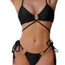Womens Bikini Set Thong Halter String Bikini Cheeky Two Piece Swimsuit Adjustable Sexy Bathing Suit with Ring (Small, Black)