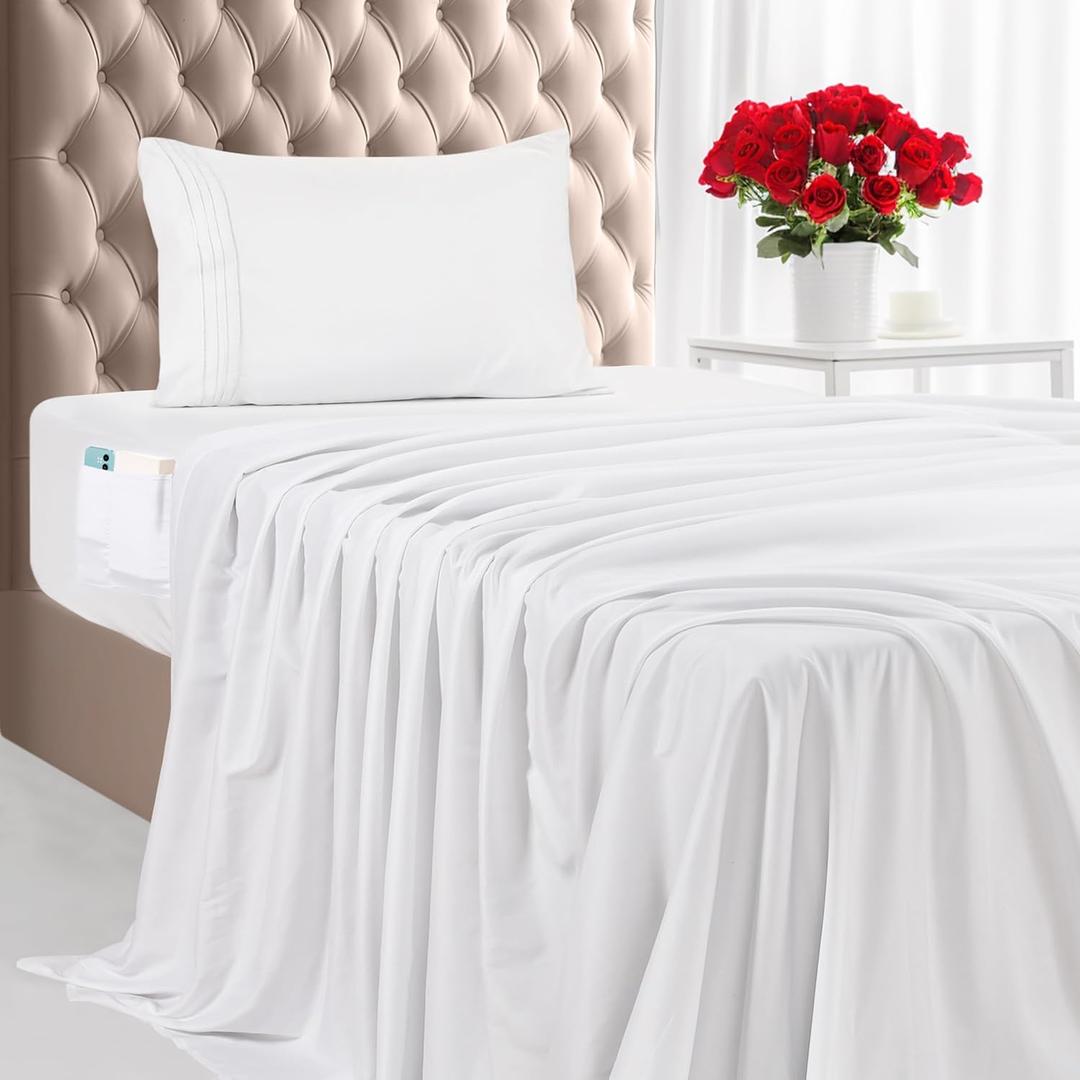 Utopia Bedding Twin Sheet Set, Soft Microfiber 3 Piece Hotel Luxury Bed Sheets for Women, Men, Kids & Teens with Side Storage Deep Pocket Fitted Sheet - Embroidered Pillow Cases - Flat Sheet (White)