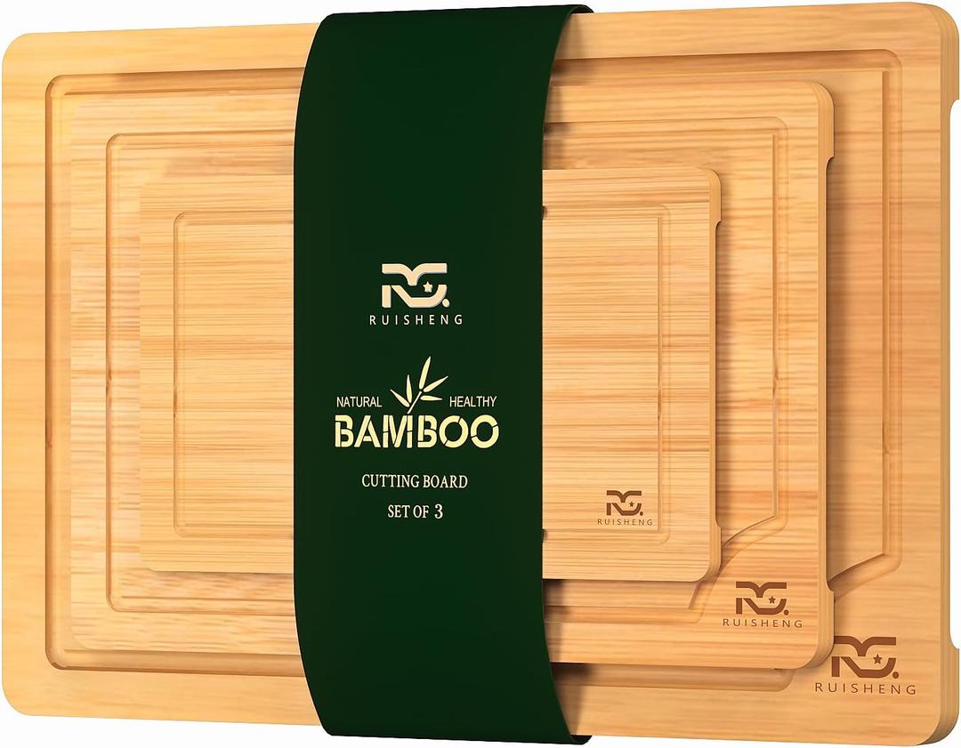 Bamboo Cutting Boards for Kitchen: Wooden Cutting Board with Juice Grooves Thick Chopping Board Set with Easy Grip Handle Large Serving Board for Raw Deli Fruits and Vegetables (3-Piece)