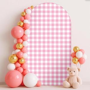 Tingjoo Arch Backdrop for Baby Shower Mexican Talavera Wedding Party Stretchy Arch Stand Cover Double Side Banner Baptisms Birthday Decoration Props Only Cover (Pink Plaid,2.6x5.9ft)
