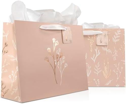 Beautiful Gift Bags Set of 2 - Large 13" Bags with Handles incl. Matching Tissue Paper, Cards & Stickers - Reusable and Perfect For Presents of Any Birthday, Weddings, Mothers Day & Special Occasion