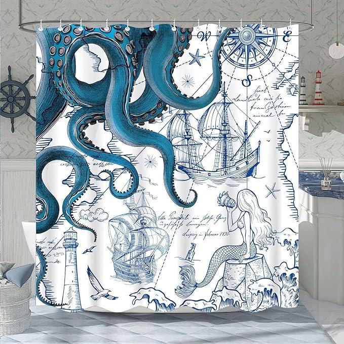 Fungarth Blue Nautical Octopus Shower Curtain Navy Mermaid Funny Ocean Kraken Shower Curtains for Bathroom Cool Anchor Coastal Map Waterproof Fabric Bath Curtain Decor with Hooks (Blue, 72” x 72”)