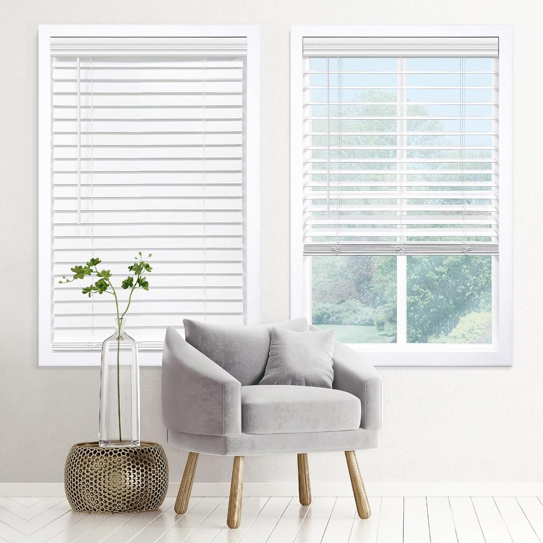 DEZ FURNISHINGS Cordless 2" Signature Faux Wood Blind, 26" W x 48" H, Embossed White