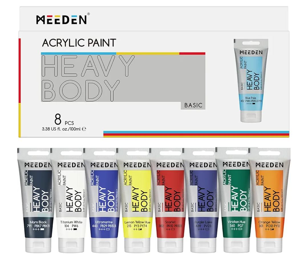 MEEDEN Thick Acrylic Paint Set: Satin Finish Acrylic Paints for Ornaments Painting - 100ml/3.38oz 8 Primary Colors Heavy Body Art Paint Tubes for Christmas Decoration