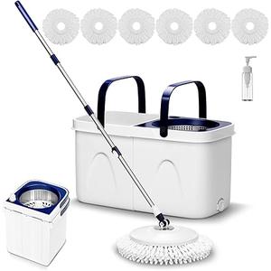 Spin Mop and Bucket with Wringer Set, Mop Bucket System Separate Clean and Dirty Water,180° Spinning 6 Microfiber Replacement Mop Pad Heads Refill, Stackable Bucket, Adjustable Handle for Floor Cleaning