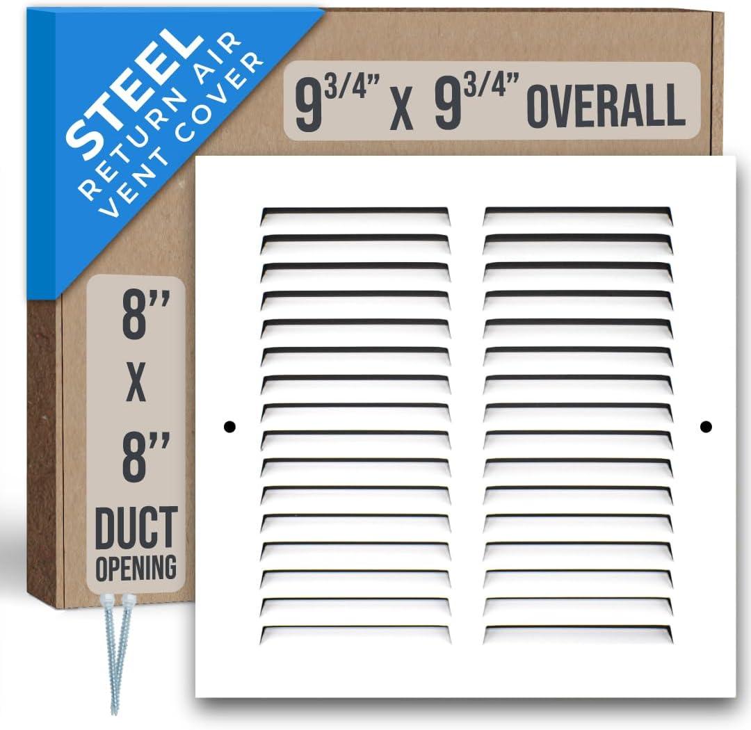Fits 8x8 Duct Opening | Steel Return Air Grille by Handua | Vent Cover Grill for Sidewall and Ceiling | White | HVAC Cold Air Intake Grille | Outer Dimensions: 9.75"W X 9.75"H