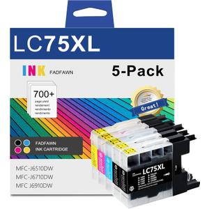 LC75 LC75XL High Yield Ink Cartridges - Replacement for Brother LC75 LC71 LC79 XL Ink Cartridge Work with MFC-J6510DW MFC-J6710DW MFC J6910DW J280W Printer (2 Black, Cyan, Magenta, Yellow 5-Pack)