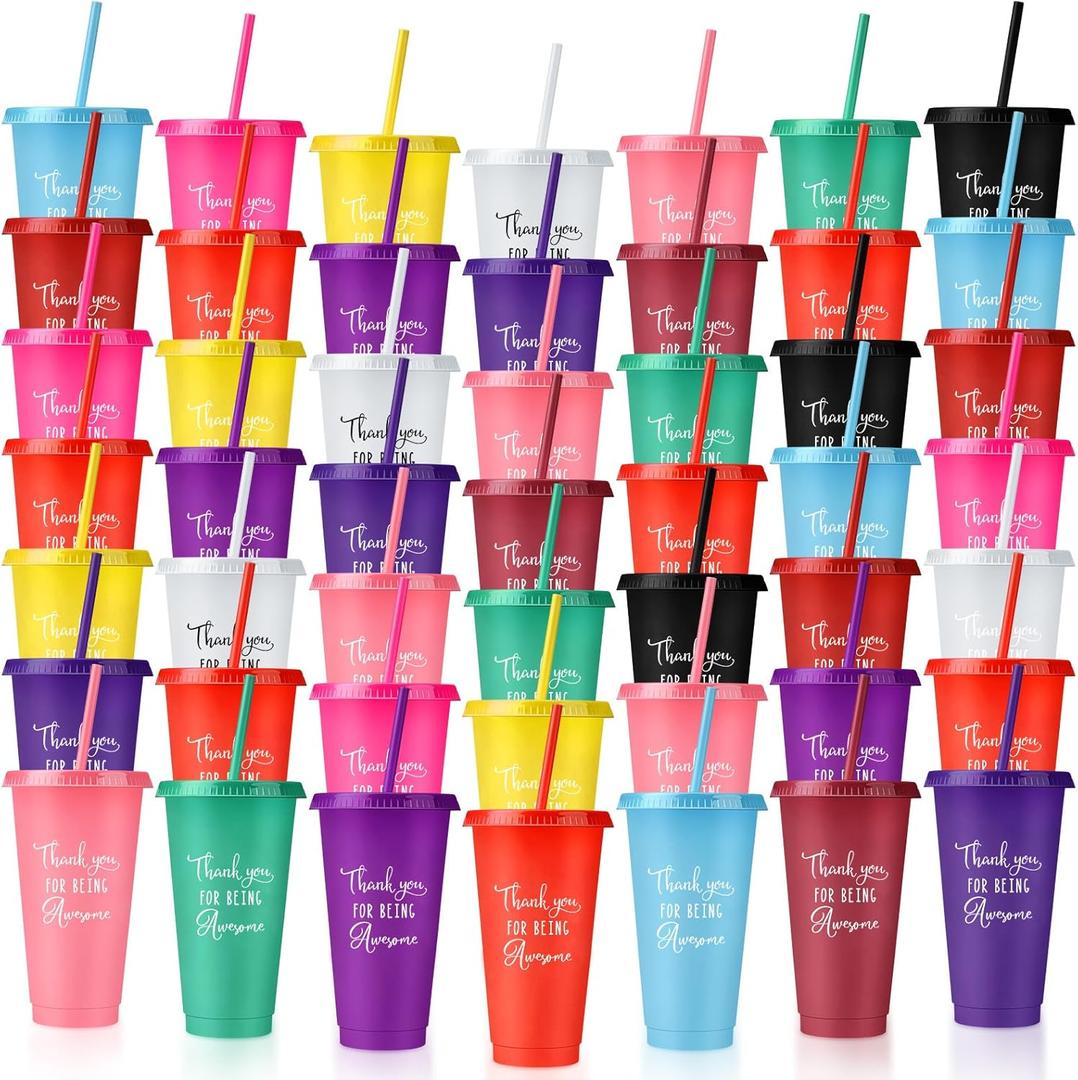 Nuenen 50 Pcs Employee Appreciation Tumbler with Straw and Lid Bulk 24oz Thank You Cup Graduation Gift Plastic Tumbler Inspirational Travel Mugs for Coworker Friend(Assorted Style)