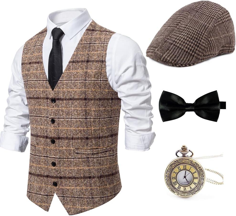 Gionforsy 1920s Mens Costume Gatsby Gangster Vest Fedora Hat Suspenders Bow Tie Costume Accessories Set (Large, Light Coffee)