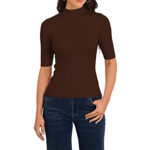 Women's Short Sleeve Sweaters Dressy Casual Mock Turtleneck Shirt Highly Stretchy Ribbed Knit Fitted Top Blouse (Large, Mocha)