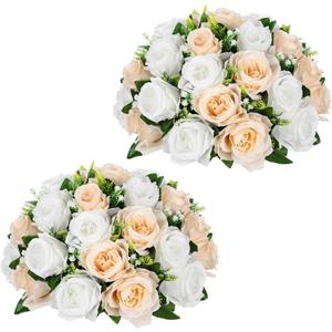 Briful Fake Floral Balls for Centerpieces - 2PCS 11.8" Large Faux Rose Flower Arrangement Silk Flower Bouquet for Home Wedding Party Anniversary Table Vase Flower Stand Decor(Champagne White)