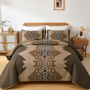 Dintszyayue Brown Quilt Set King Size Boho Aztec Texture Bedspread Coverlet Set 3 Piece Soft Lightweight Bedding Set Geometric Bohemian Bedspread with 2 Pillowcases(Dark Brown,90"x103")
