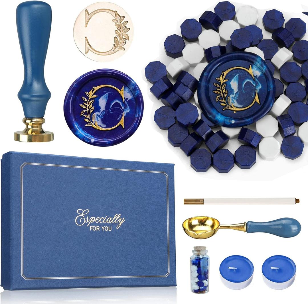 SWANGSA Brand Brass Initial C Wax Seal Stamp Kit, Vintage Elegant Botanical Leaves, Gift Box