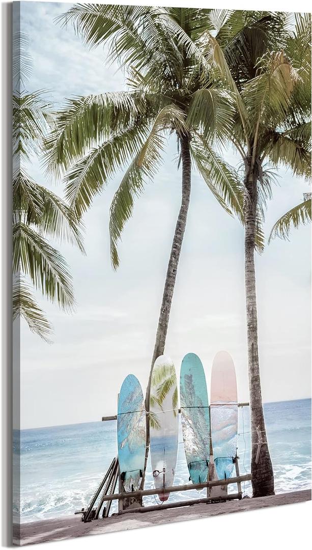 Surfboard Canvas Wall Art Bathroom: Beach Scene Ocean Picture Coastal Palm Tree Print Surf Seascape Painting Sea Seascape Seaside Artwork Decor for Living Room 16 x 24