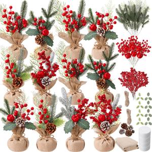 12 Sets Christmas Centerpiece for Table DIY Christmas Trees Table Decorations 10'' Artificial Trees with Red Berries Apple Pine Cones and Branches for Home Office Desktop Holiday Decorations