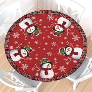 Merry Christmas Round Fitted Tablecloth with Elastic Edge,Waterproof Winter Red Checkered Xmas Snowman Snowflake Buffalo Plaid Table Cover for 40-44" Stretch Table Cloth for Dinner Indoor Outdoor