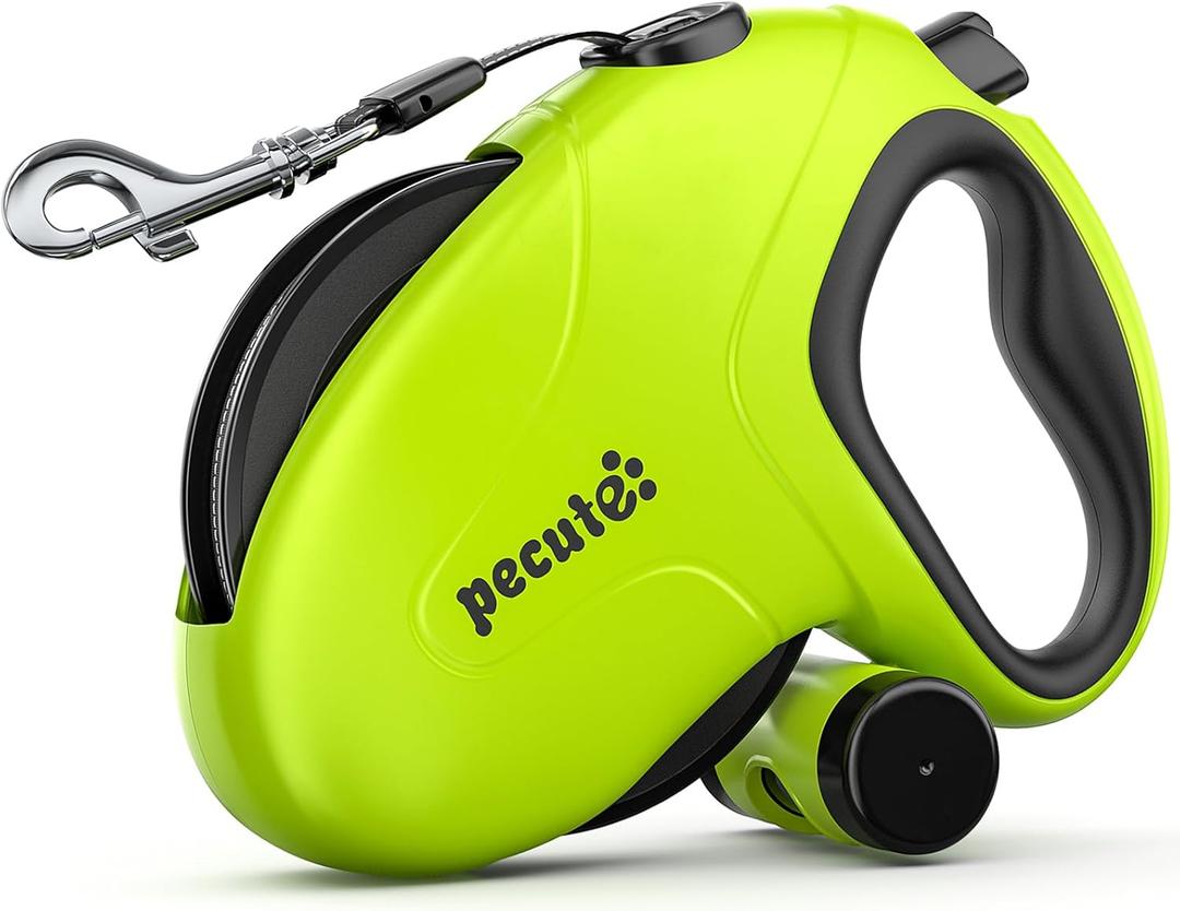 Pecute 32ft Retractable Dog Leash with Reflective Strips, 360 Tangle-Free, One-Button Control & Sturdiness Nylon Material, Long Leash Retractable with Poop Bag Holder for Medium Large Dog (Green)