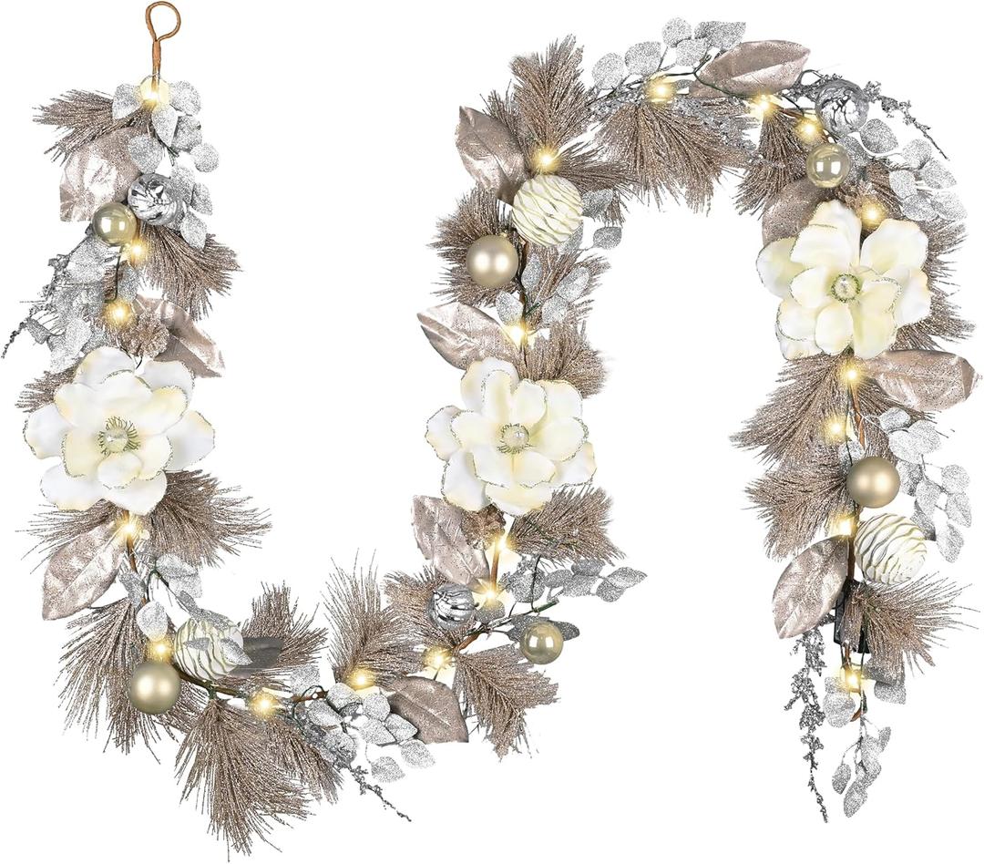 Valery Madelyn 9 Feet Pre-Lit Christmas Garland with Lights for Mantle, Lighted Outdoor Xmas Garland with White Gold Balls & Magnolia for Home Stairs Fireplace Table Centerpiece Indoor Holiday Decor