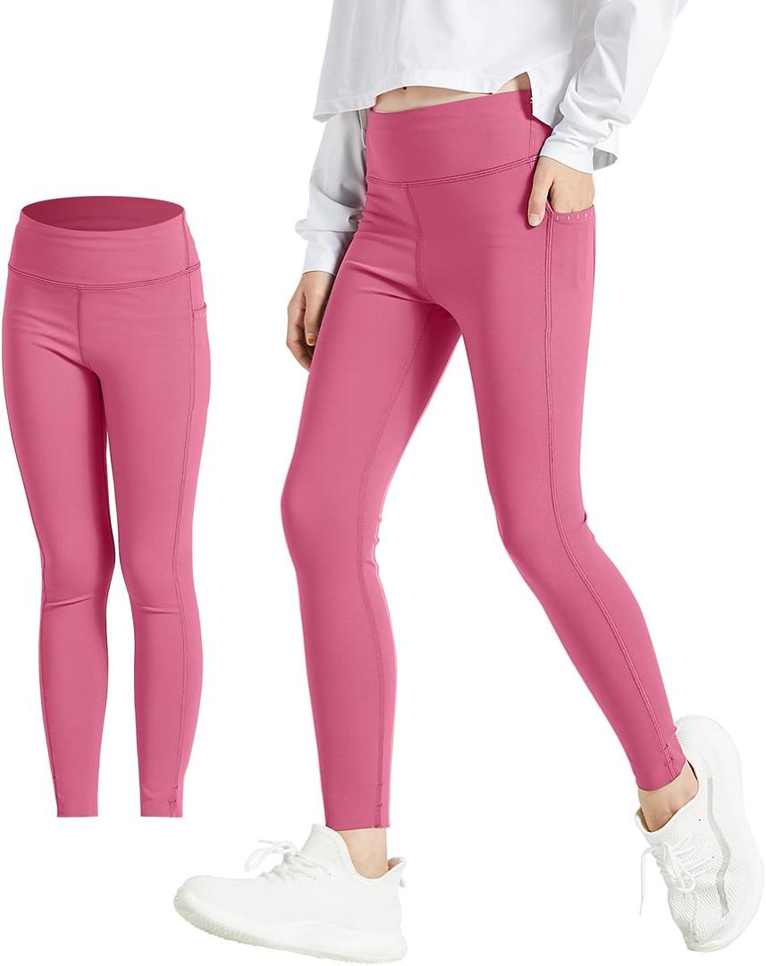 Girls Leggings with 2 Pockets Soft Stretchy Athletic Leggings for Girls Dance Workout Running Yoga Activewear (10-12 Years, Red)