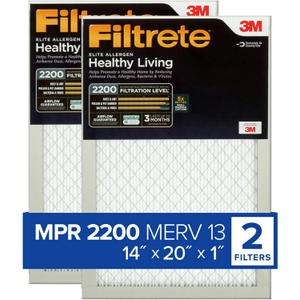 Filtrete 14x20x1 AC Furnace Air Filter, MERV 13, MPR 2200, Elite Allergen, Bacteria & Virus Filter, 3-Month Pleated 1-Inch Electrostatic Air Cleaning Filter, 2-Pack (Actual Size 13.81x19.81x0.78 in)