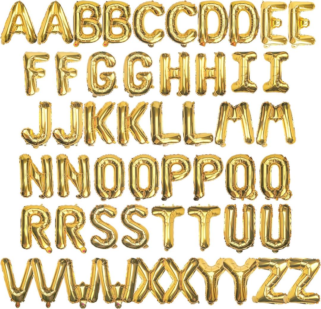 [52 PCS] 16" Foil Gold Letter Balloons 2 Sets of A-Z, Mylar Aluminum Hanging Alphabet for Graduation New Year eve Birthday Party Decorations
