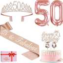 50th Birthday Decorations Women, Include 50th Birthday Sash and Tiara, Cake Topper and Candles, Number Balloons, 50 Year Old Gifts for Women