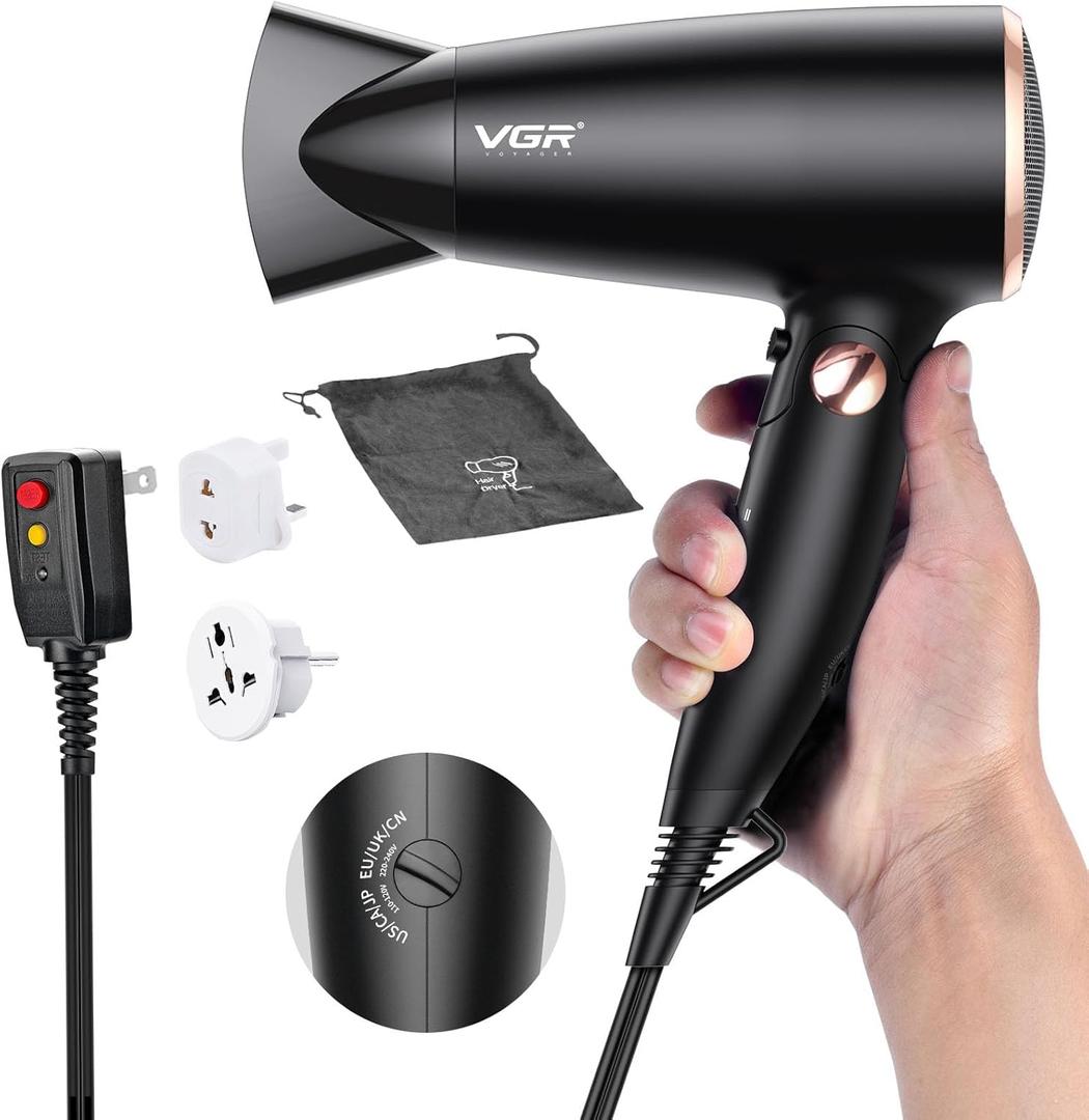VGR Dual Voltage(100~250V) Travel Hair Dryer with European Plug Adapter for International Travel, Portable Hair Dryer with Concentrator Nozzles S25