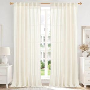 YoungsTex Ivory Linen Light Filtering Curtains 84 Inches Long, Country Semi Sheer Drapes with Rod Pocket Back Tab for Bedroom Living Room Window, 2 Panels, 52 X 84 Inch