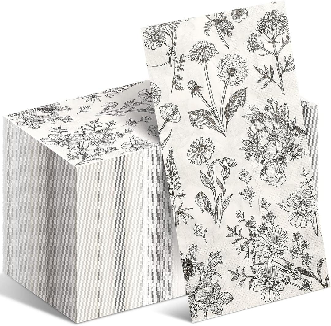 Tatuo Floral Paper Napkins Bathroom Napkins Guest Disposable Decorative Black and White Flower Napkin for Spring Birthday Wedding Vintage Tea Lunch Dinner Party Supplies(100 Pack,13 x 15.8 Inch)