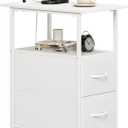 Somdot End Table with Charging Station,Narrow Side Table with 2 Fabric Drawers,Skinny Nightstand with Storage,Small Slim Bedside Table for Living Room,Sofa,Bedroom,Couch,White Leather