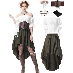 Renaissance Dress Women Medieval Costume Ren Faire Outfit with Flower Crown Necklace Corset Belt for Halloween Cosplay, Medium