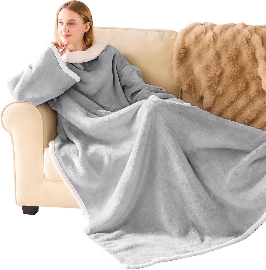 IFNOW Sherpa Wearable Blanket with Sleeves for Women Men Adults, Christmas Birthday Gifts for Women Mom Wife, Cozy Wearable Blanket with Arm and Pocket, Warm Full Body TV Wrap Throw Blanket, Grey