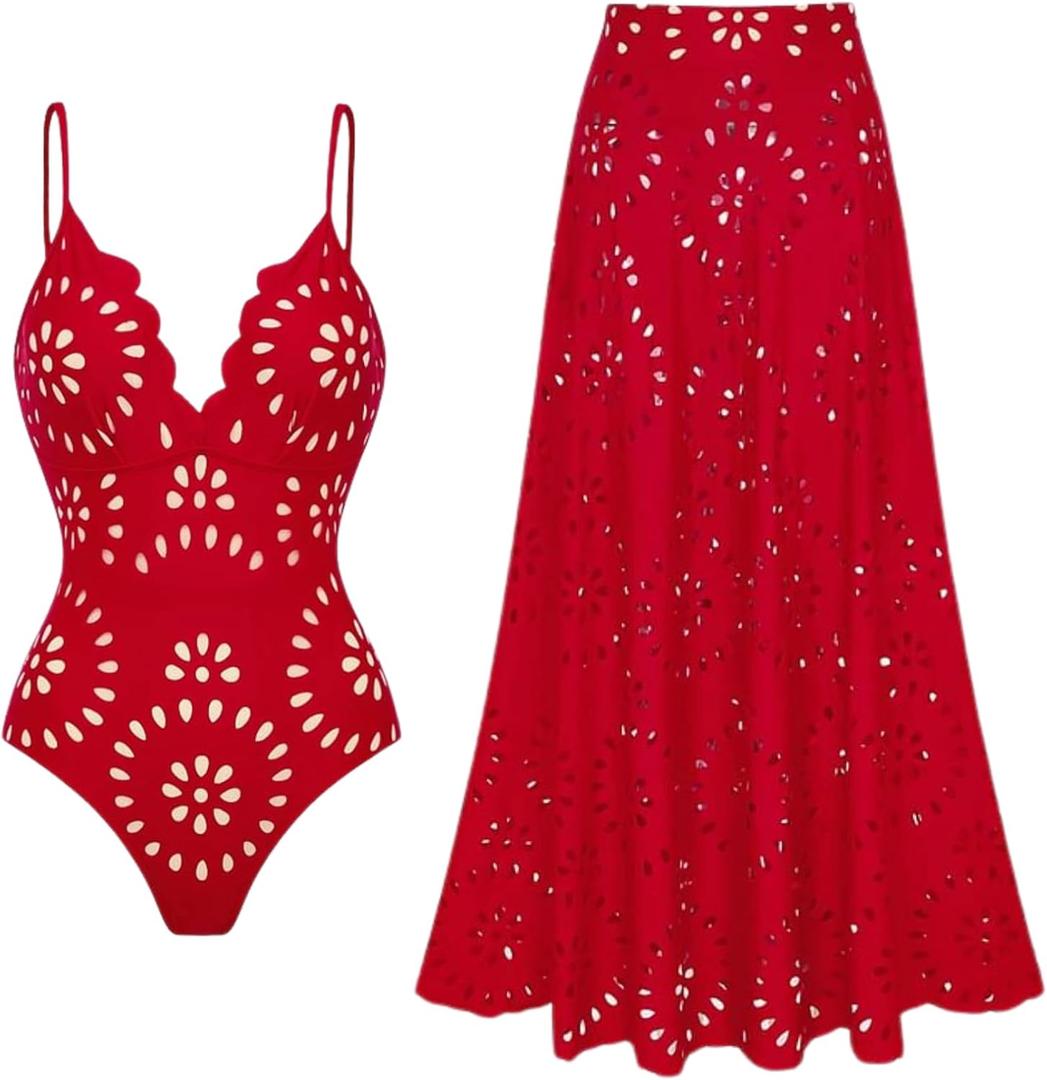 FLAXMAKER Women's One Piece Bathing Suit Petal Hollow V Neck Swimsuit and Skirt (XL)