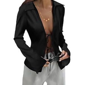 Womens Tie Front Satin Silk Blouse Sexy Deep V Neck Long Sleeve Open Front Club Tops Y2k Going Out Shirts Black, XXL